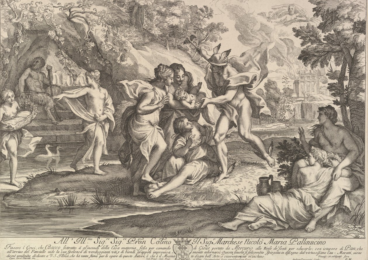 Bacchus jako dítě darovaný Merkurem do péče nymf. od Andrea Procaccini