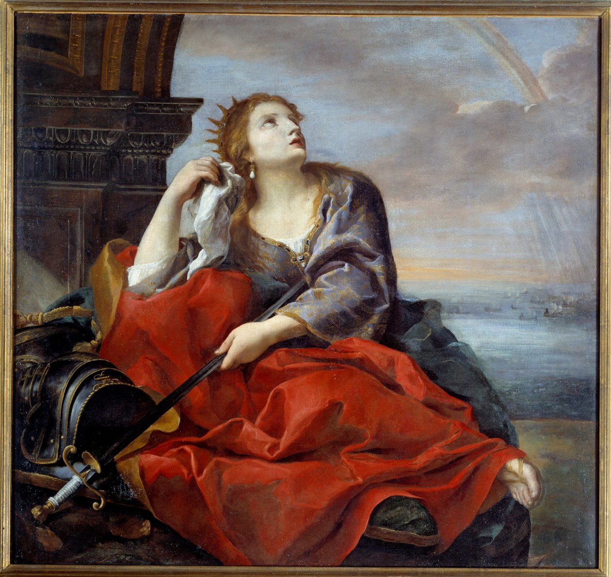 Didon, královna Kartága, opuštěná Enee. Namíří meč na své břicho na znamení zoufalství. Obraz Andrea Sacchi (1599-1661) 1635 Ne. 1,4x1,48 m Caen, Muzeum výtvarných umění od Andrea Sacchi