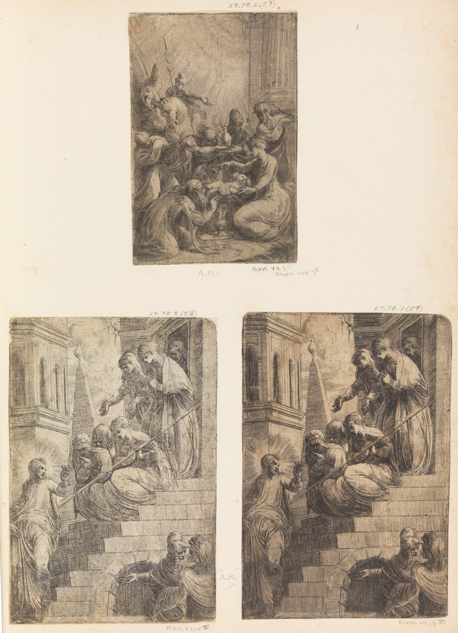 Klanění tří králů, Krista a žen na schodišti, ca. 1541-44. od Andrea Schiavone