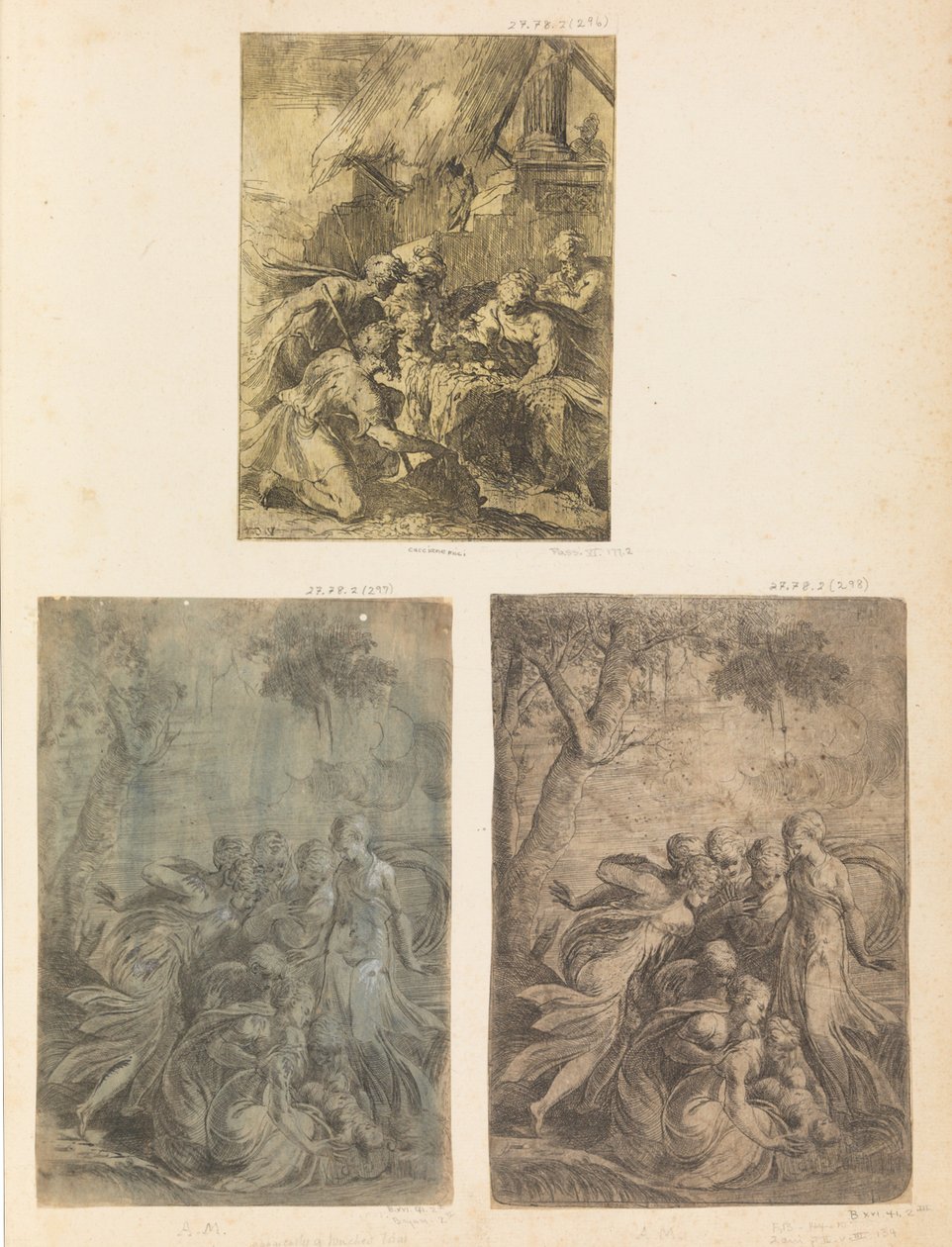Klanění pastýřů, Mojžíš zachráněný z Nilu, ca. 1540-44. od Andrea Schiavone
