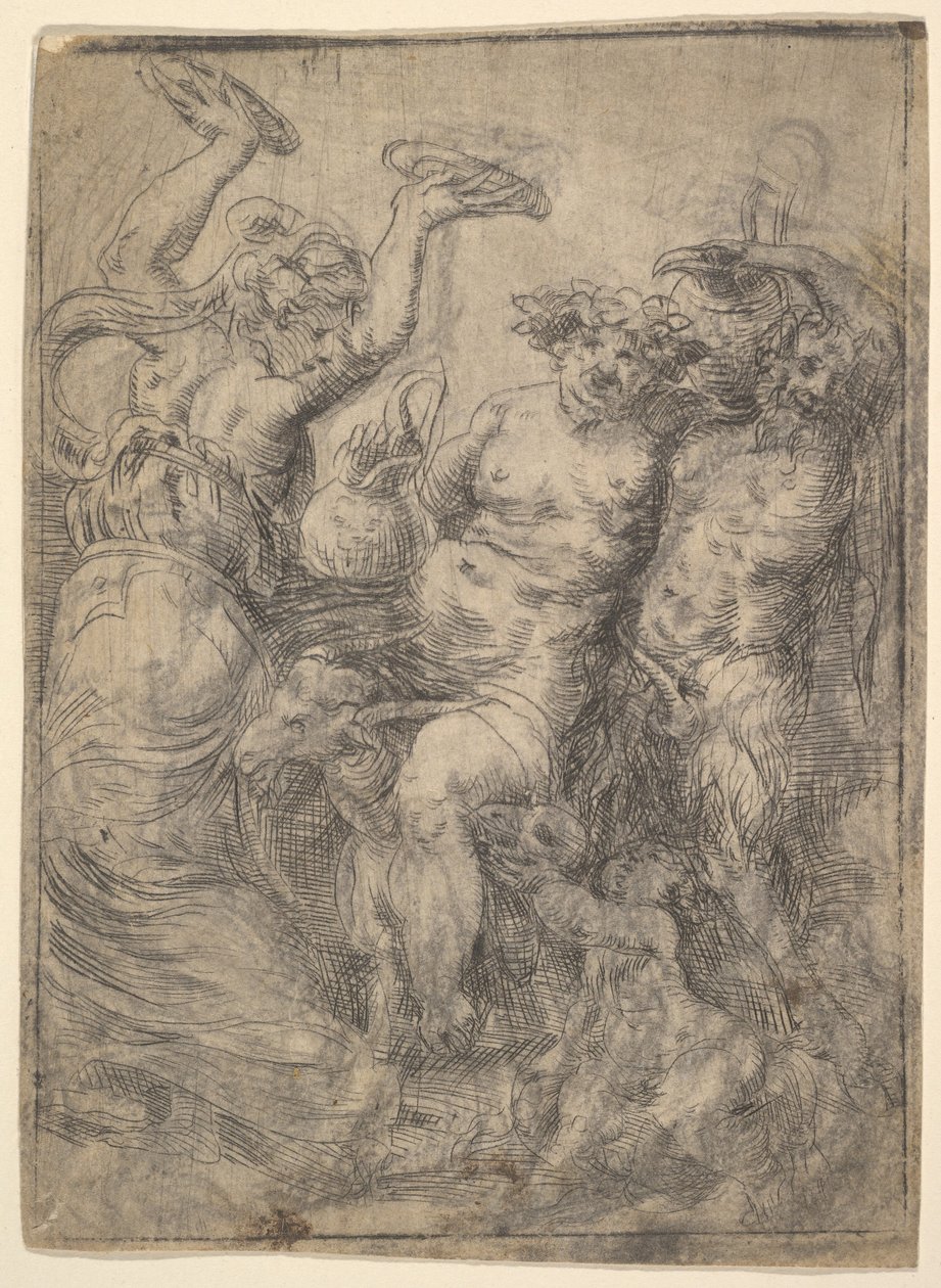 Bacchic si libuje se Silenusem jezdícím na koze uprostřed, ca. 1540-43. od Andrea Schiavone