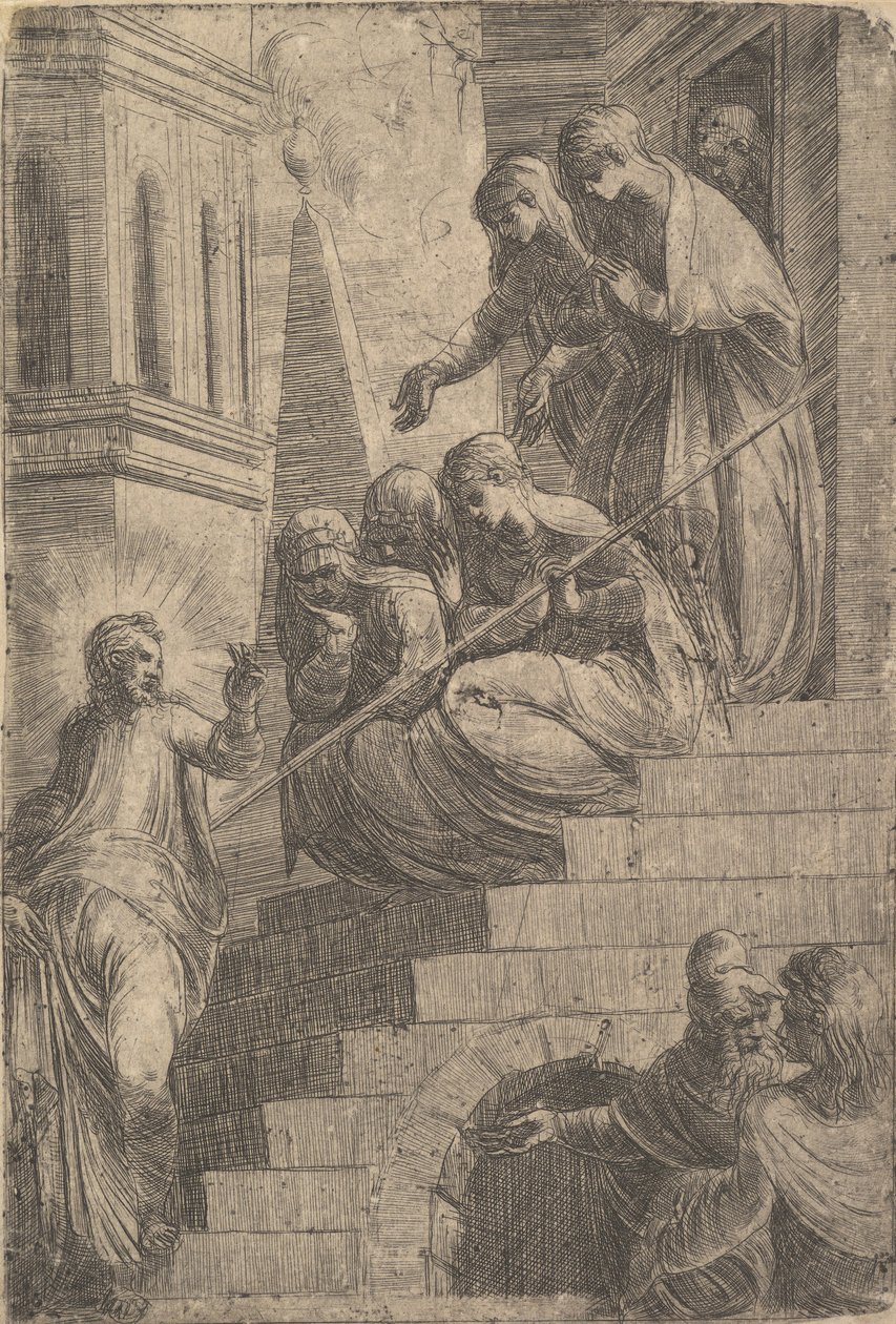 Kristus oslovuje skupinu žen sedících a stojících na schodech, ca. 1541-44. od Andrea Schiavone