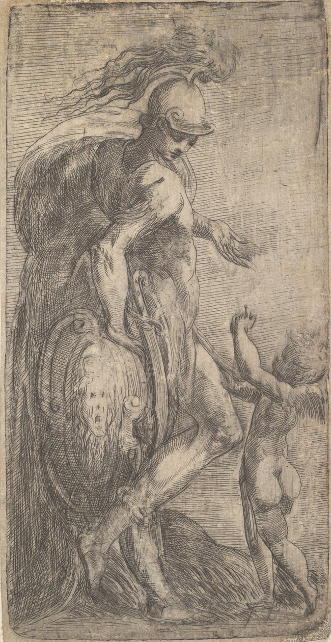 Mars stojící vlevo opřený o štít, Amor vpravo, ca. 1542-46. od Andrea Schiavone