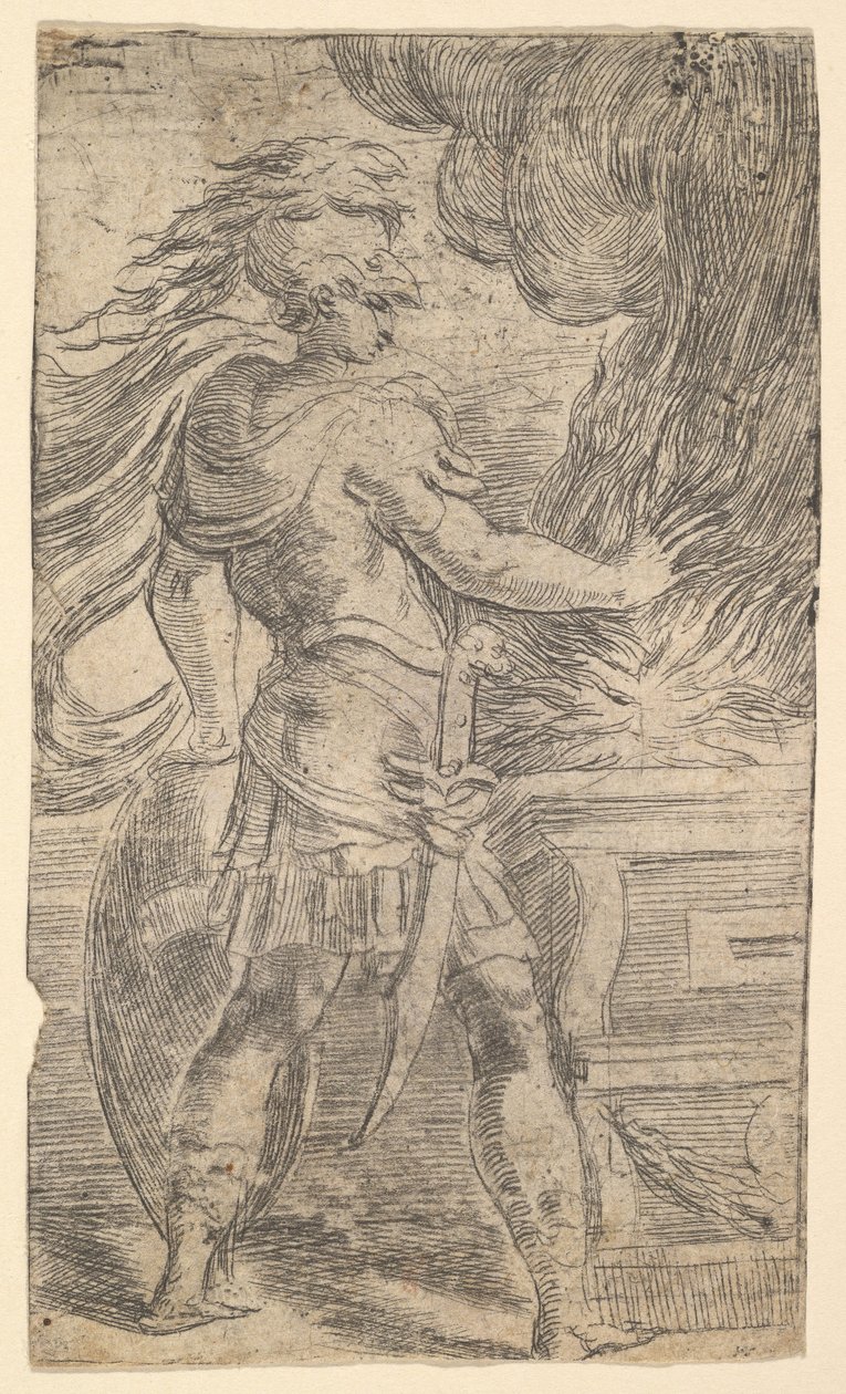 Mutius Scaevola vložil ruku do plamenů levé poloviny skladby, jejíž pravý..., ca. 1540. od Andrea Schiavone