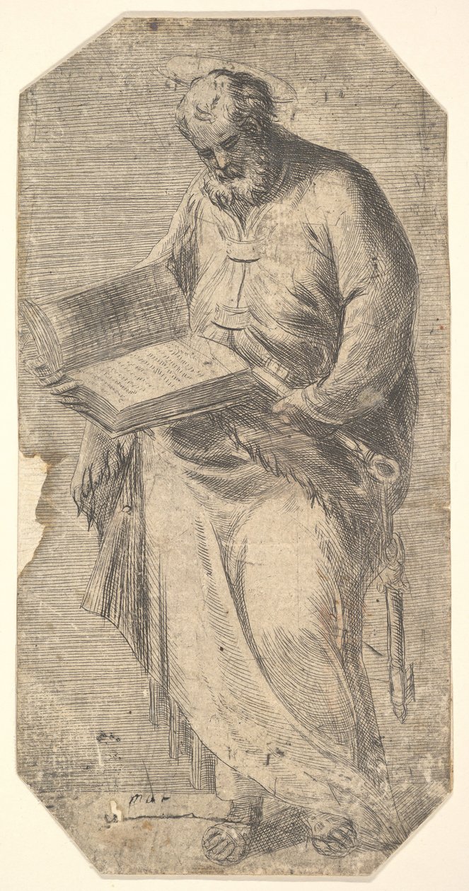 Svatý Petr drží velkou otevřenou knihu s klíči po boku, z knihy „Kristus a apoštol..., ca. 1548-50. od Andrea Schiavone
