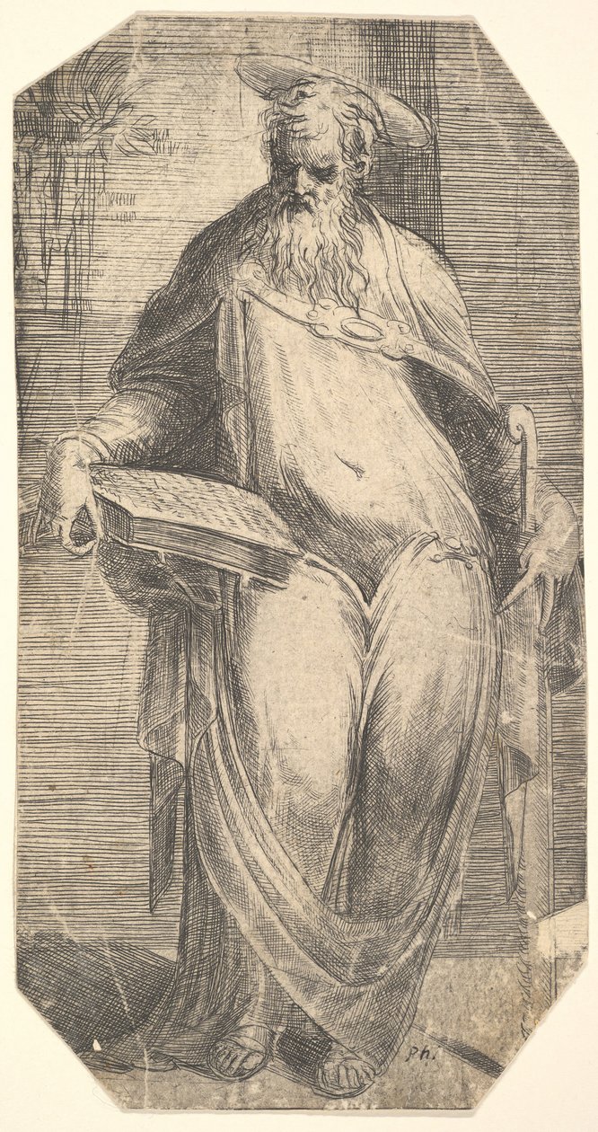 Saint Simon stojící, podpírající knihu na pravém stehně, z 