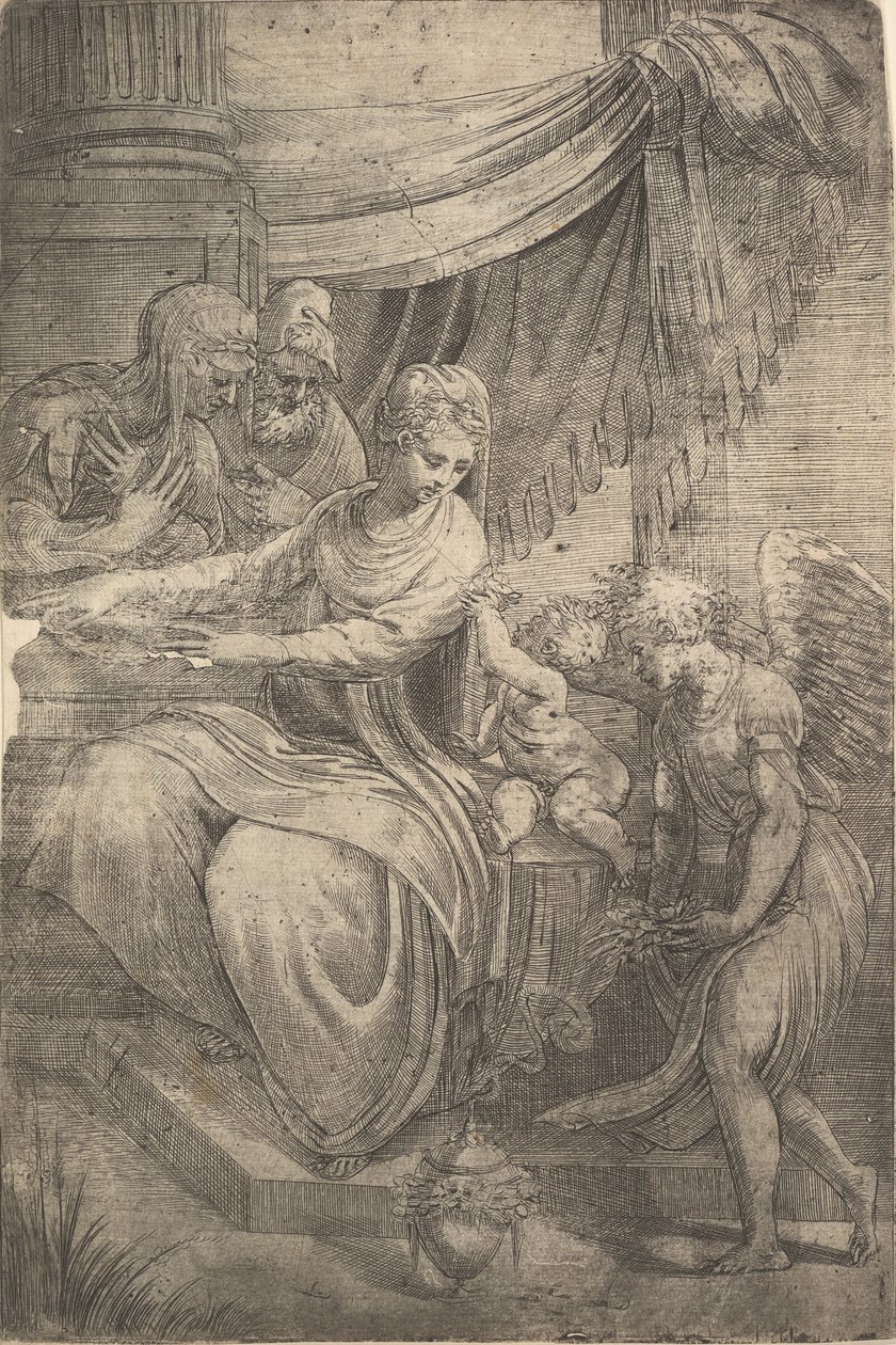 Svatá rodina, anděl držící květiny přicházející zprava, ca. 1550-53. od Andrea Schiavone