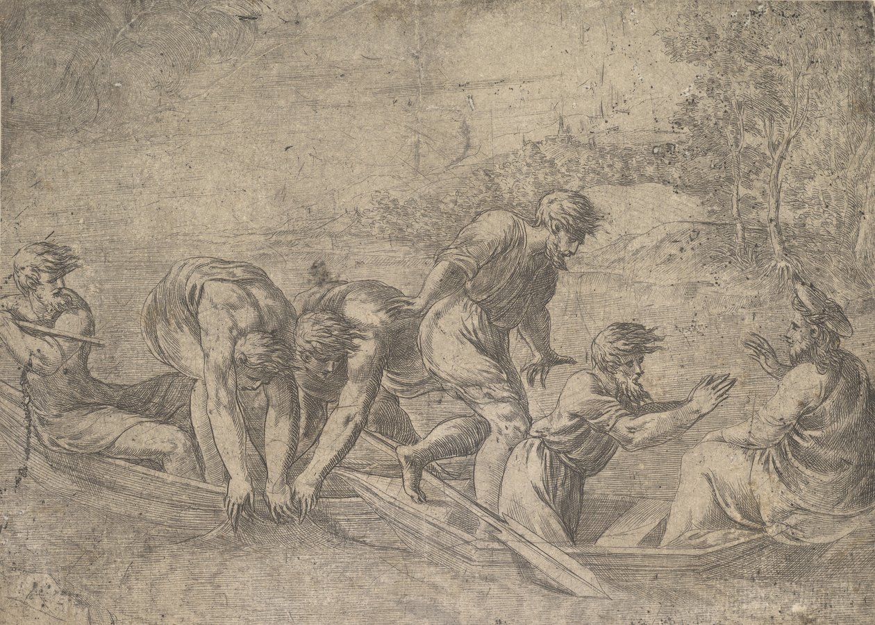 Zázračný tah ryb, Kristus po pravici doprovázený apoštoly v..., cca 1548-52. od Andrea Schiavone