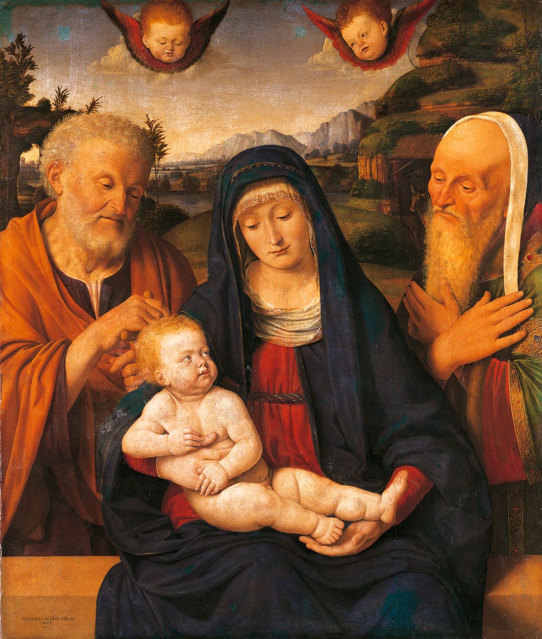 Madona s dítětem se svatými Josefem a Simeonem od Andrea Solario (1470-1524), tempera a olej na panelu, přeneseno na plátno od Andrea Solario