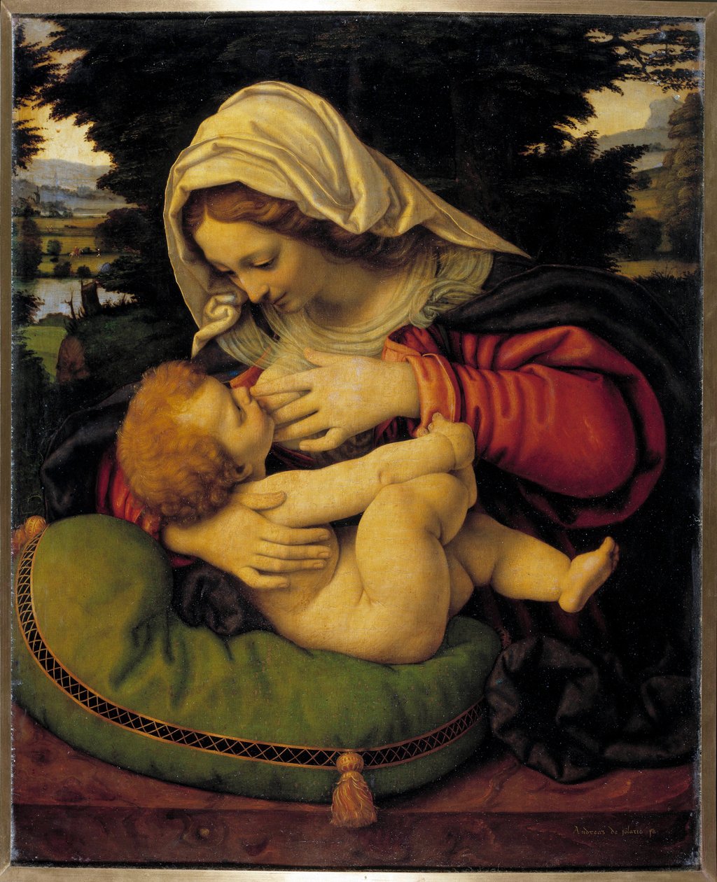 Obraz Panny Marie se zeleným polštářem od Andrea Solario (1460-1522) Slunce z 15. století. 0,59x0,47m od Andrea Solario