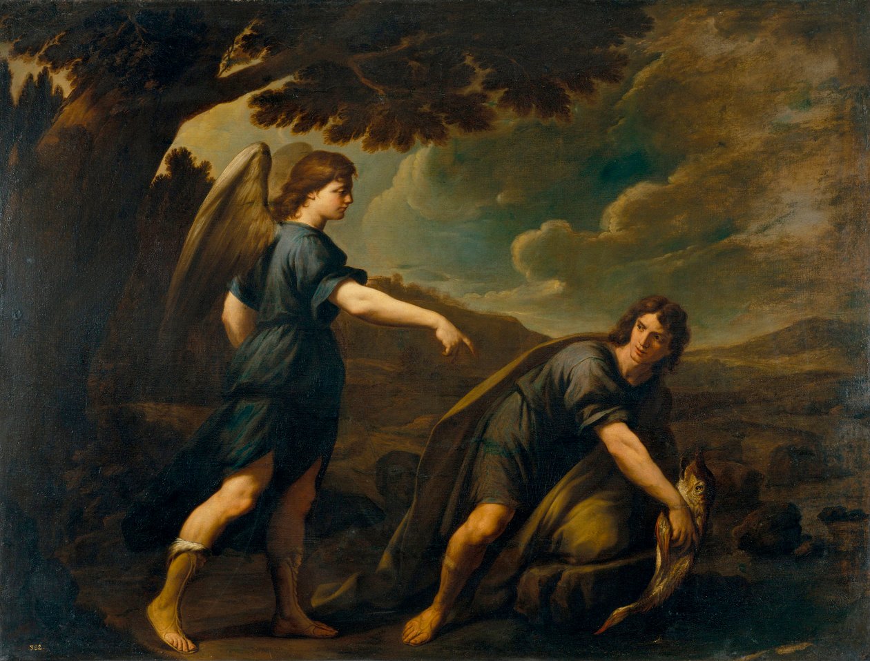 Anděl a Tobiáš s rybou - obraz Andrea Vaccaro (1604-1670), olej na plátně (199,5x262 cm), cca 1640, italské umění od Andrea Vaccaro