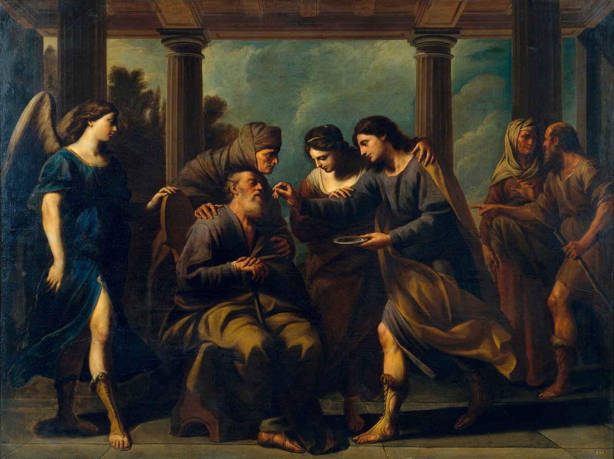 Tobiáš léčí slepotu svého otce - obraz Andrea Vaccaro (1604-1670), olej na plátně (200,5x264 cm), cca 1640, italské umění 17. století, barokní umění - Museu Nacional d