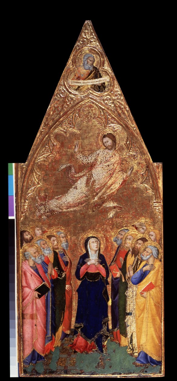 "Nanebevstoupení Krista"" Níže Panna Maria a apoštolové pozorují Ježíše Krista. Nahoře znázornění proroka Jeremiáše. Tempera na dřevě od Andrea Vanni (1332-1414) 1355-1360 Rozměr 68x28 cm Muzeum Ermitáž, Petrohrad (Saint-Petersbo od Andrea Vanni