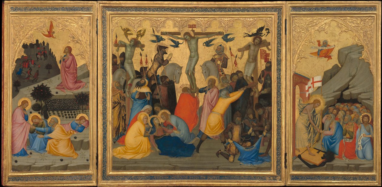 Scény z Umučení Krista: Agónie v zahradě, ukřižování a sestup do limby [celý triptych] od Andrea Vanni