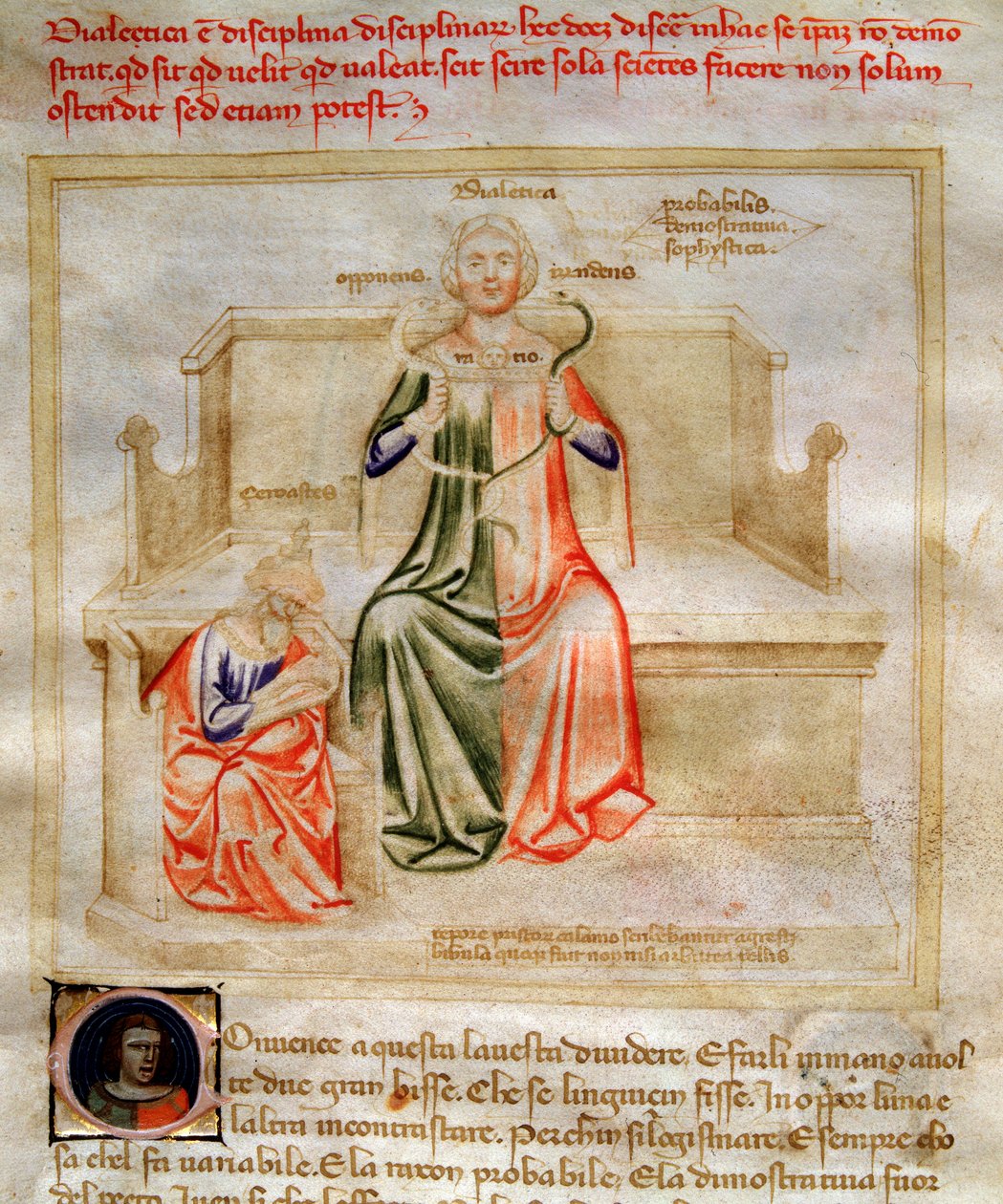 Alegorie dialektiky v "" Chansonne des sept Vertus et des sept Arts liberales určené Bruziu Viscontimu "(Píseň ctností a věd) od Bartolomea di Bartoli. Akvarel od Andrea di Bartoli (aktivní mezi 1358 a 1368) (ms. 599, fo od Andrea de Bartoli