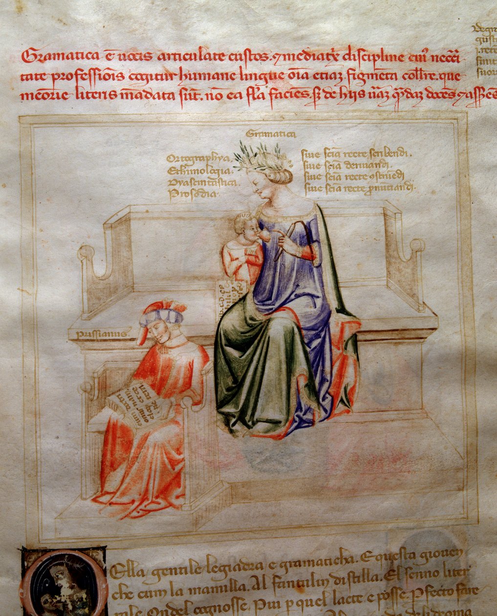 Alegorie Grammaire v "" Chansonne des sept Vertus et des sept Arts liberales určené Bruziu Viscontimu "(Píseň ctností a věd) od Bartolomea di Bartoli. Akvarel od Andrea di Bartoli (aktivní mezi 1358 a 1368) (ms. 599, fo od Andrea de Bartoli