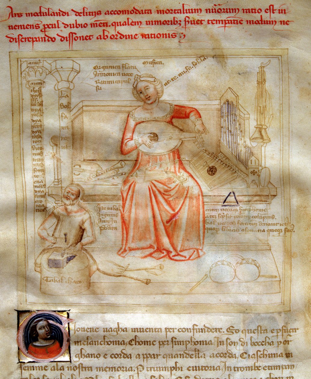 Allegorie de la Musique v “” Chansonne des sept Vertus et des sept Arts liberales destinee à Bruzio Visconti” (La Canzone delle Virtu e delle Scienze) od Bartolomea di Bartoli. Akvarel od Andrea di Bartoli (činný v letech 1358 až 1368) (ms. 599, fol. od Andrea de Bartoli
