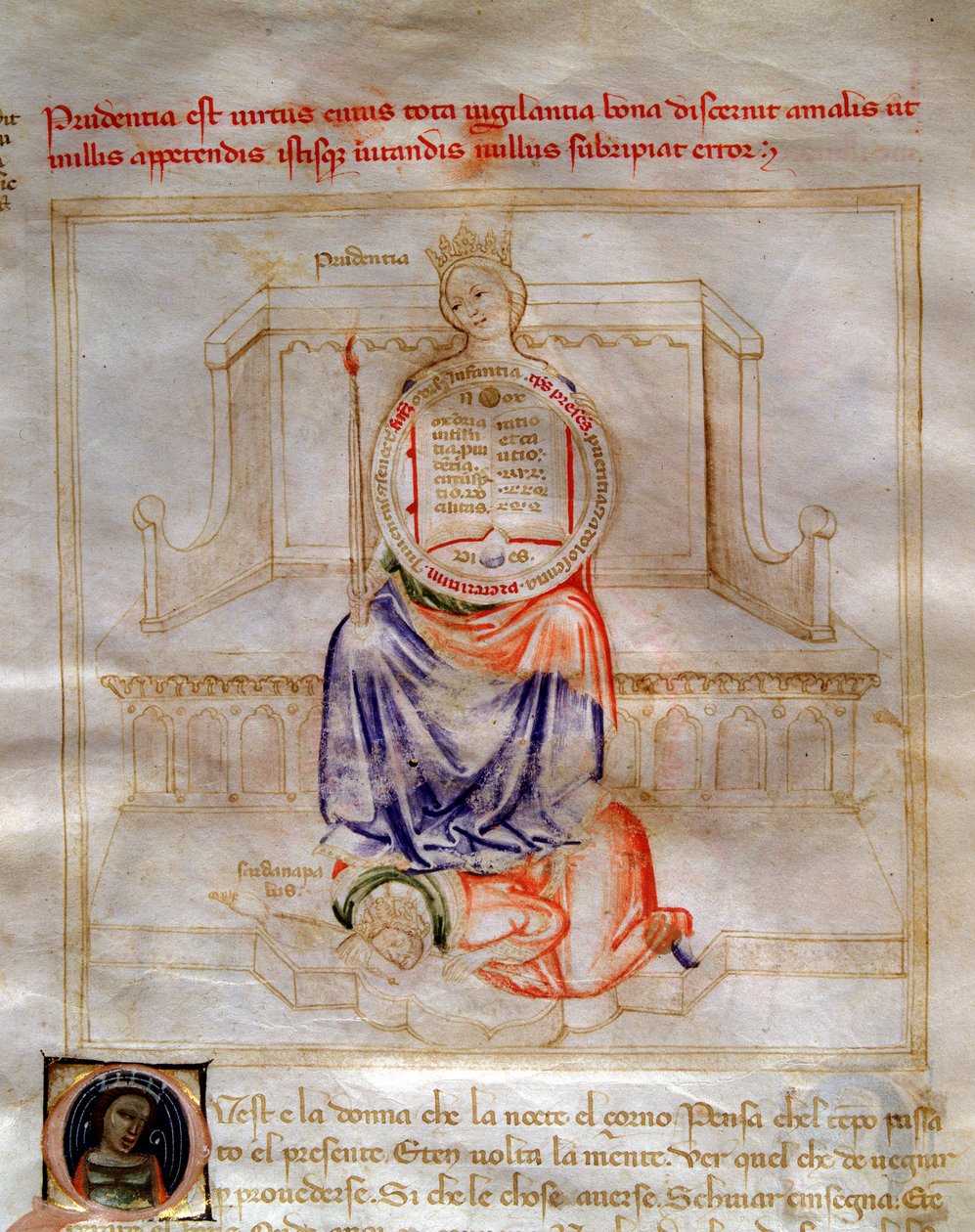 Alegorie obezřetnosti v "" Chansonne des sept Vertus et des sept Arts liberales určené Bruziu Viscontimu "(Píseň ctností a věd) od Bartolomea di Bartoli. Akvarel od Andrea di Bartoli (činný v letech 1358 až 1368) (ms. 599, fol. od Andrea de Bartoli
