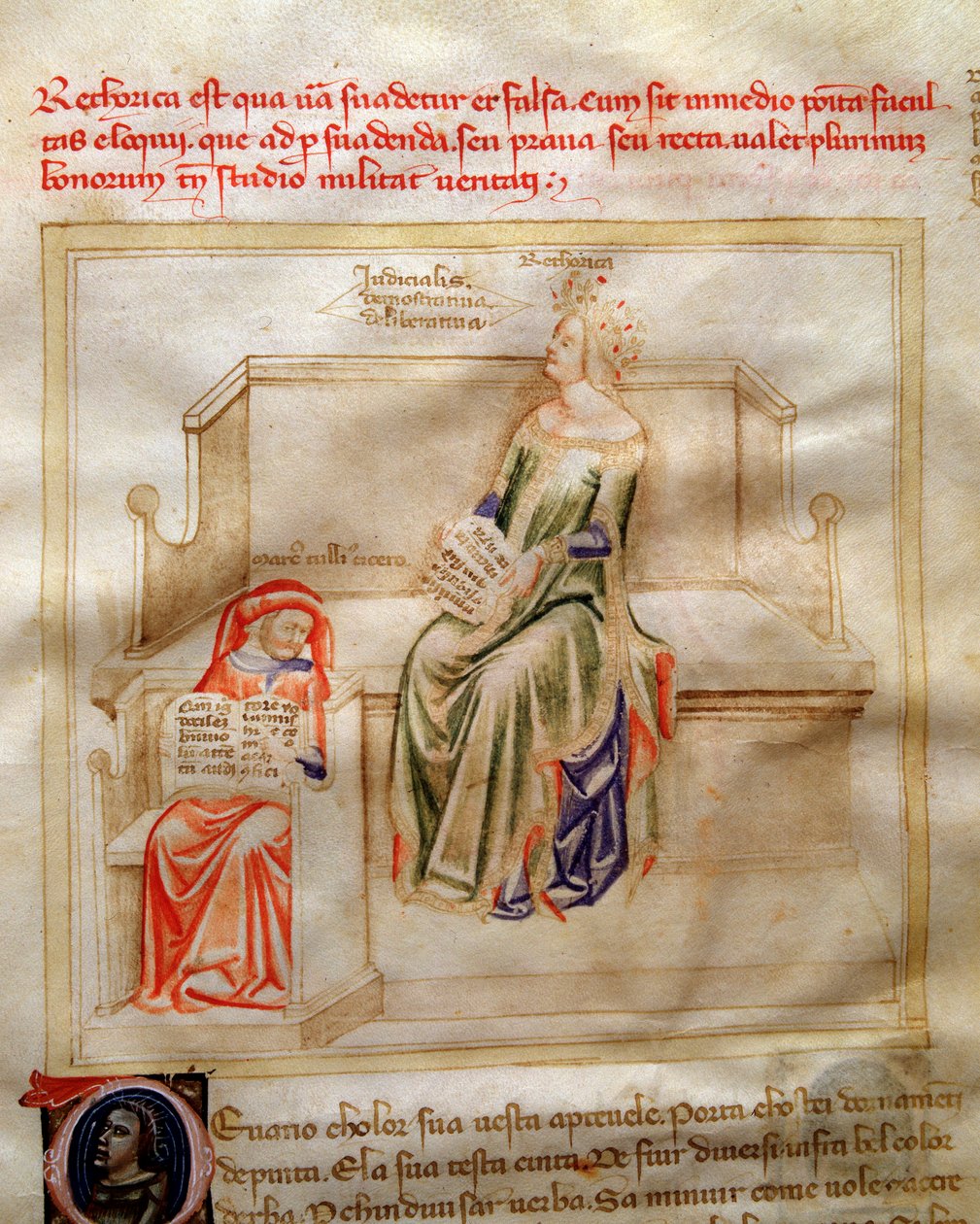Alegorie rétoriky v "" Chansonne des sept Vertus et des sept Arts liberales určené Bruziu Viscontimu "(Píseň ctností a věd) od Bartolomea di Bartoli. Akvarel od Andrea di Bartoli (aktivní mezi 1358 a 1368) (ms. 599, f od Andrea de Bartoli