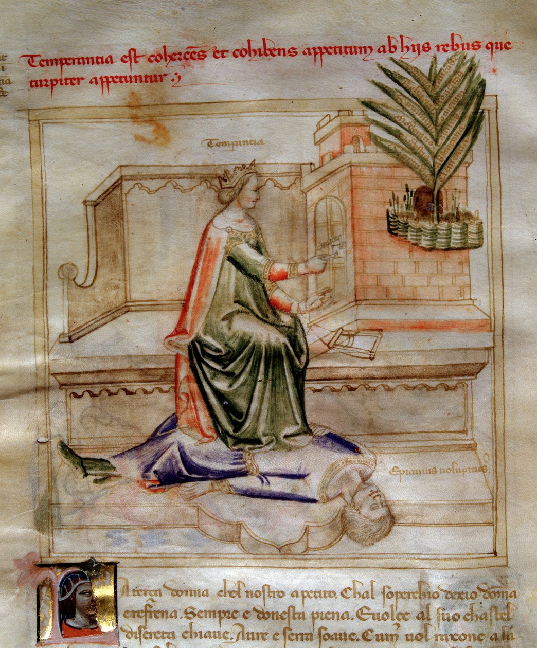 Alegorie střídmosti v "" Chansonne des sept virtues et des sept arts liberoux destinee a Bruzio Visconti "(Píseň ctností a věd) od Bartolomea di Bartoli. Akvarel od Andrea di Bartoli (aktivní mezi 1358 a 1368) (ms. 599, f od Andrea de Bartoli