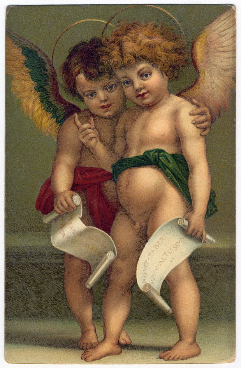Dva andělé. Zbožný obraz podle malíře ANDREA DEL SARTO (1486-1530), Drážďany, kolem 1910 (chromolitograf) od Andrea del (after) Sarto