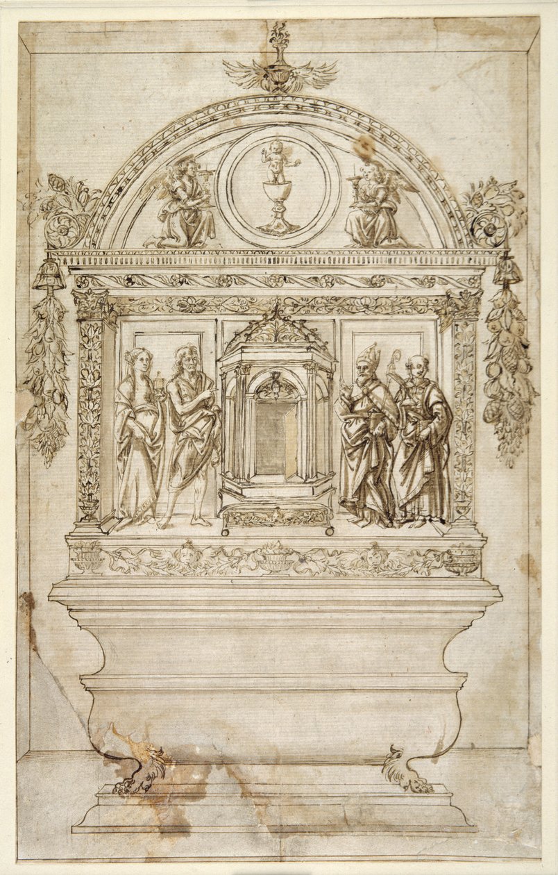 Design pro oltář kaple, se svatostánkem pro eucharistii (pero a hnědý inkoust s hnědým lavírováním na bílém papíře) od Andrea del (follower of) Verrocchio