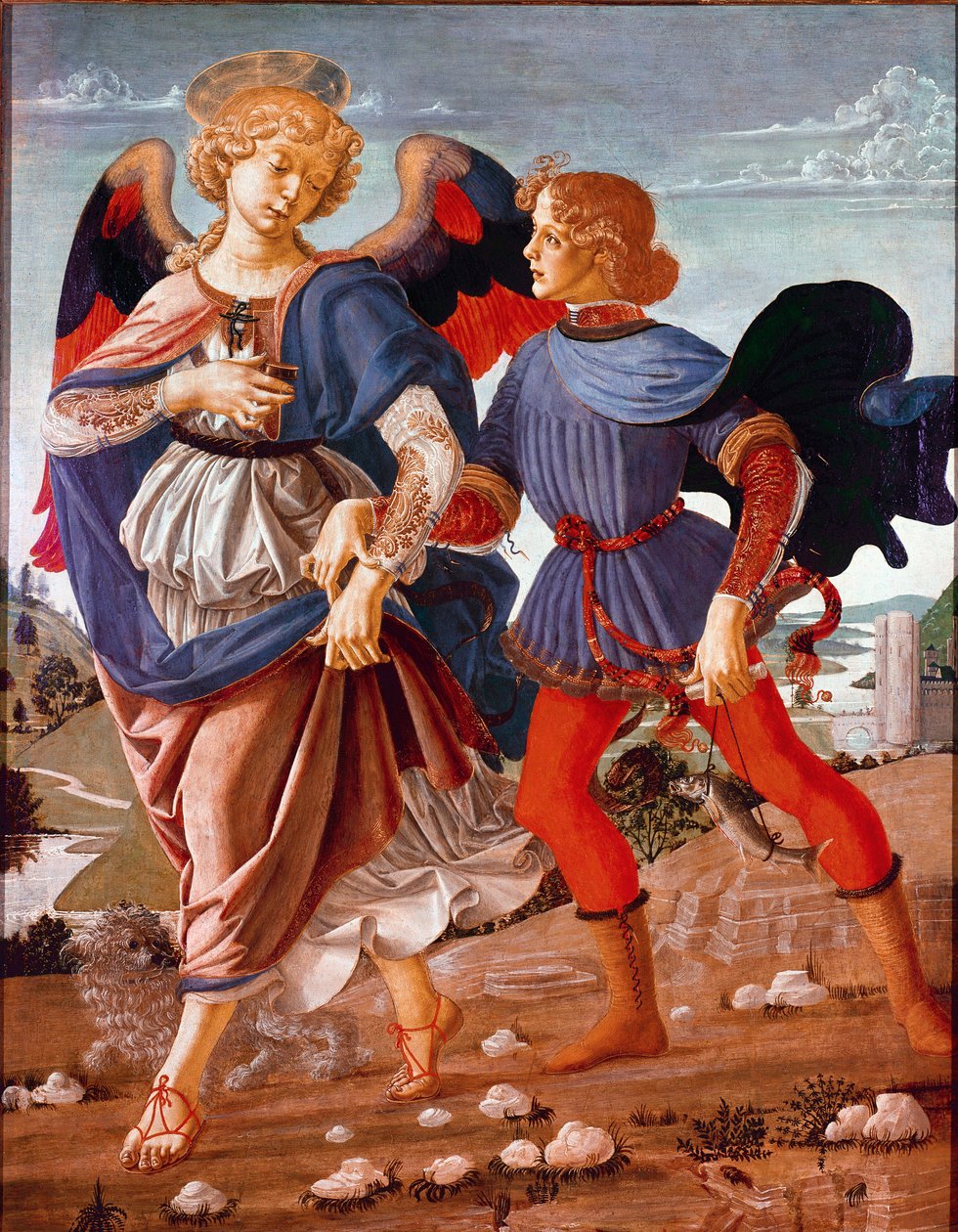 Tobie a anděl Tobias (Tobias), pověřený jeho slepým otcem najít rybí pole, je doprovázen archandělem Raphaelem. Malba školy Andrea del Verrocchio (1435-1488) 1470-1480. Národní galerie, Londýn od Andrea del (school of) Verrocchio