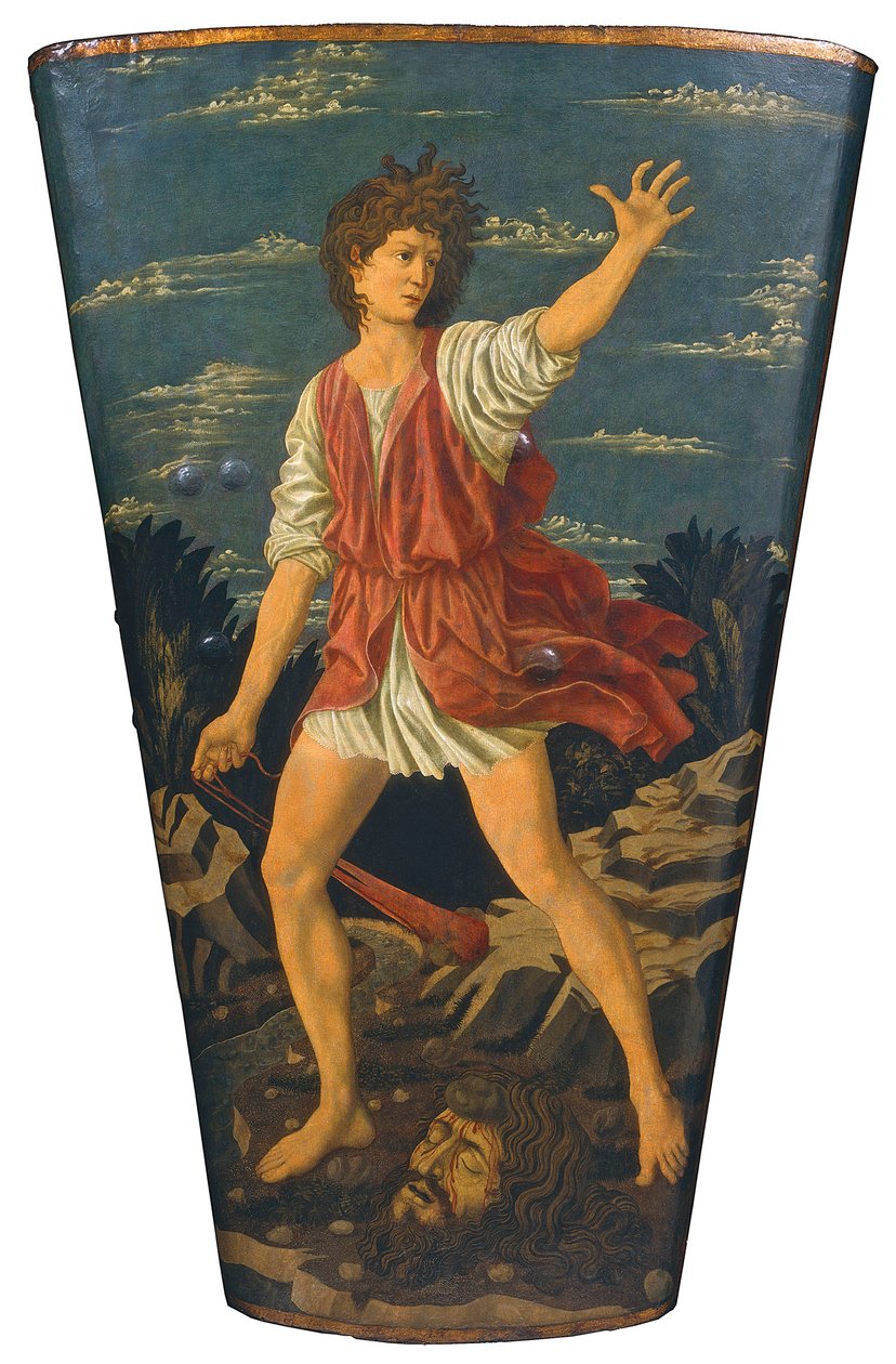 David s hlavou Goliáše, kolem 1450-55 (tempera na kůži na dřevě) od Andrea del Castagno