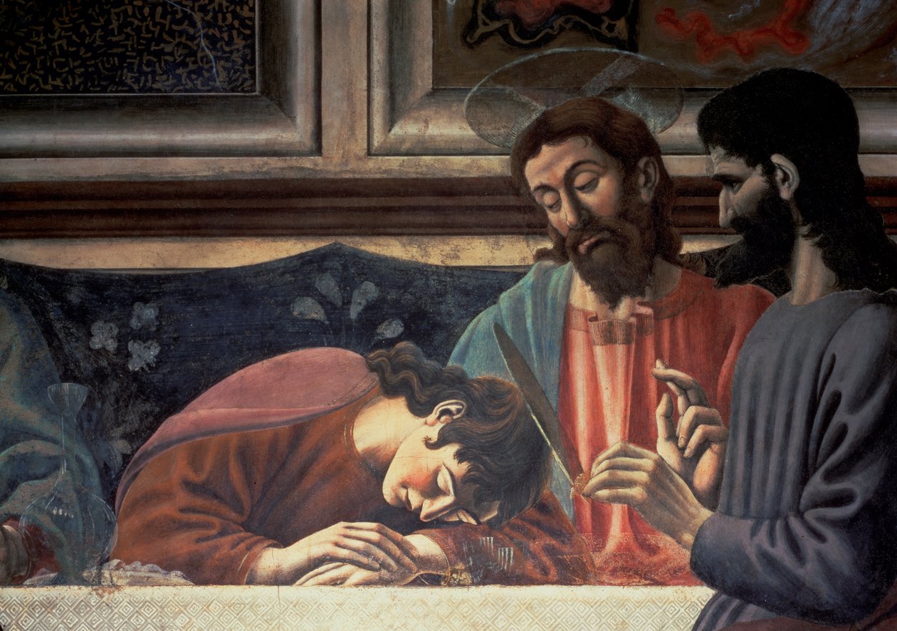 Poslední večeře, detail Jidáše, Krista a sv. Jana, 1447 detail fresky z 85172 od Andrea del Castagno