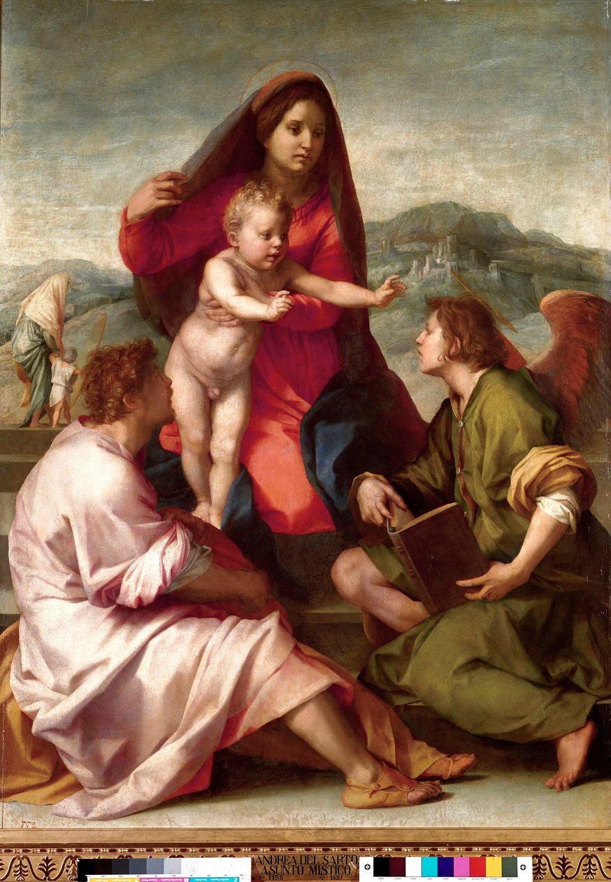 Madonna della Scala. Svatá rodina s andělem. Obraz Andrea del Sarto (1486-1531) 1522-1523 Ne. 1,77x1,35 m Madrid, muzeum Prado od Andrea del Sarto
