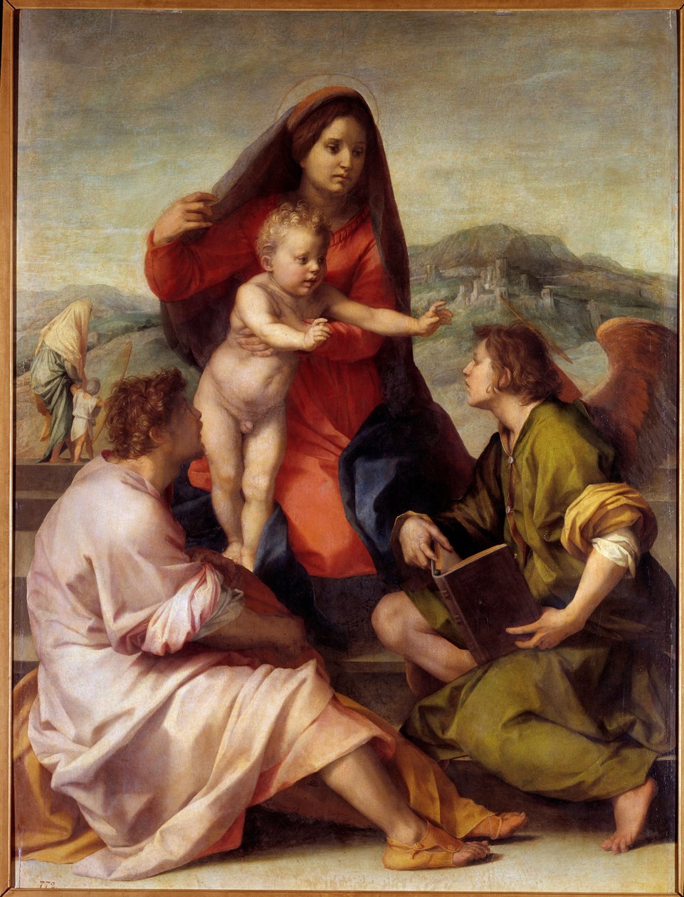 Madonna della Scala. Svatá rodina s andělem. Obraz Andrea del Sarto (1486-1531) 1522-1523 Ne. 1,77x1,35 m Madrid, muzeum Prado od Andrea del Sarto