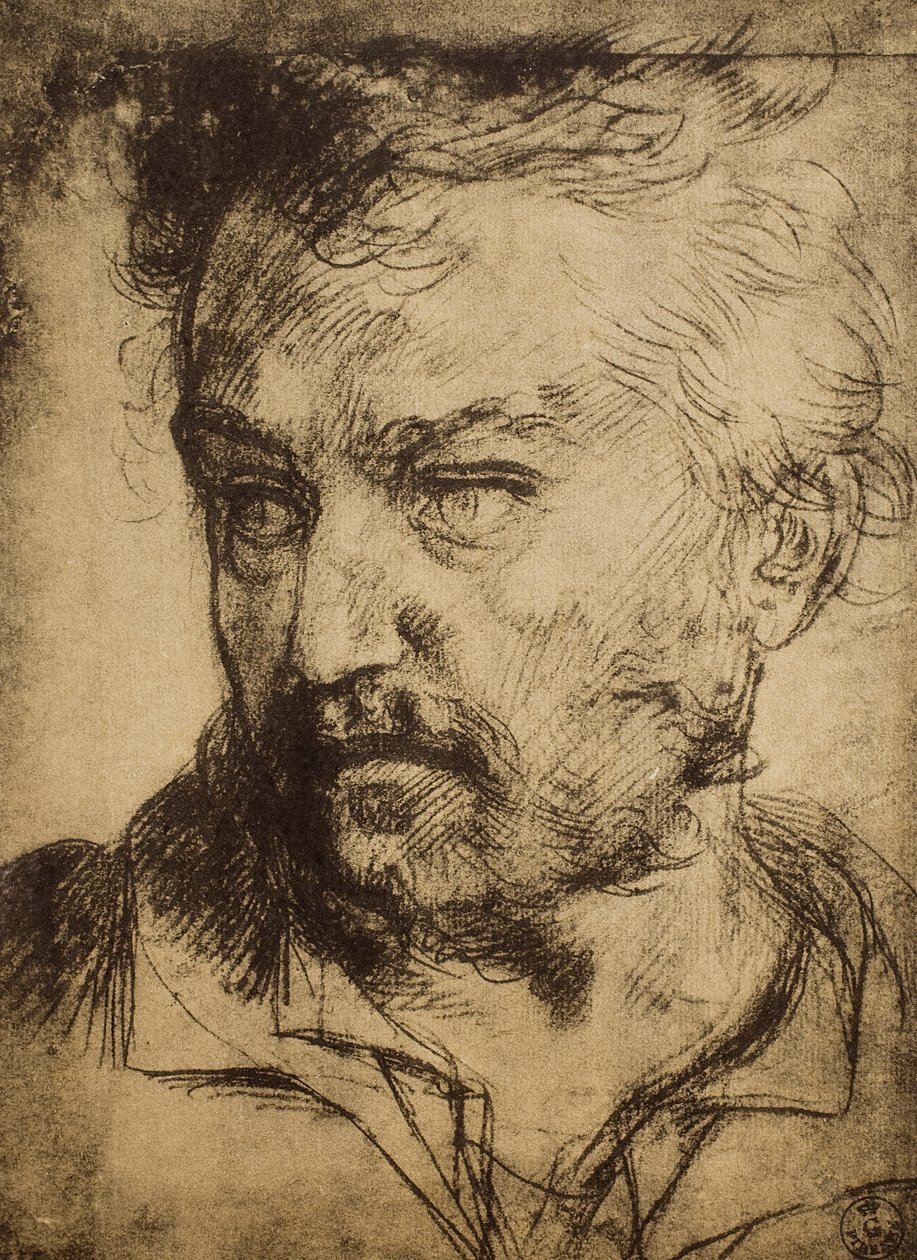 Mans hlava; kresba Andrea del Sarto. Gabinetto dei Disegni e delle Stampe, Galerie Uffizi, Florencie od Andrea del Sarto