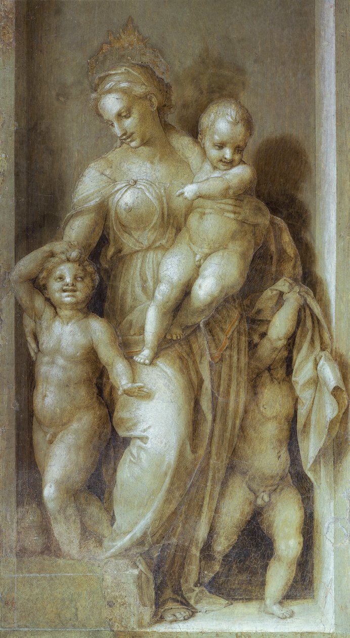 Znázornění charity, detail z Příběhů svatého Jana od Andrea del Sarto (1486-1530), freska v monochromatickém klášteru Scalzo, Florencie od Andrea del Sarto