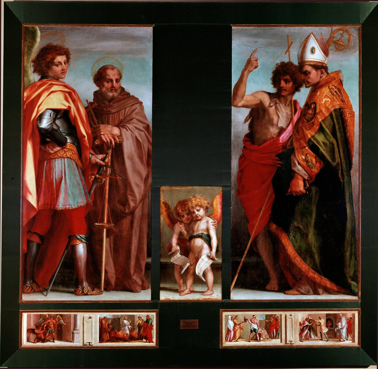 Svatí Michael, John Gualbert, John the Baptist, Bernardo degli Uberti Predelle ze Čtyř svatých. Obraz Andrea del Sarto (Andrea d