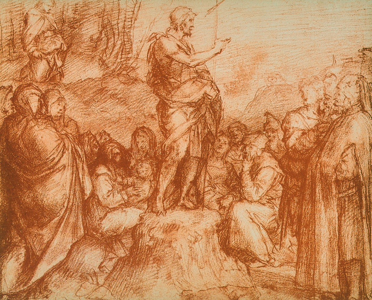 Svatý Jan Křtitel kázání zástupům, přípravná studie pro fresku v Chiostro dello Scalzo, kresba Andrea del Sarto. Gabinetto dei Disegni e delle Stampe, Galerie Uffizi, Flor od Andrea del Sarto