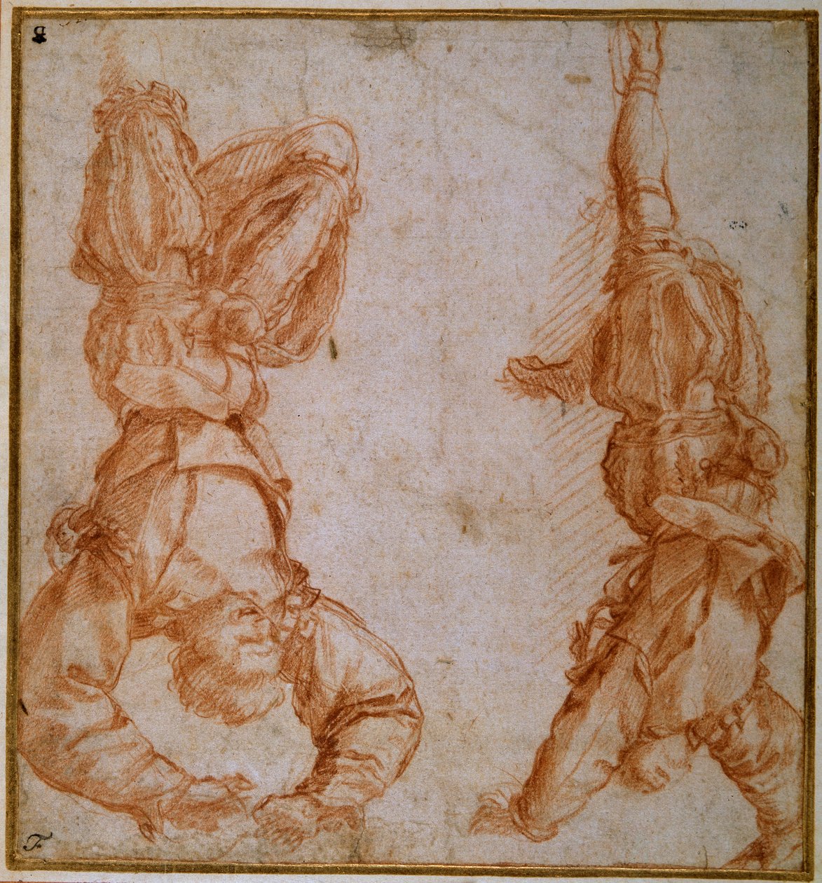 Dvě studie muže zavěšeného za levou nohu (červená křída na krémovém papíře) od Andrea del Sarto