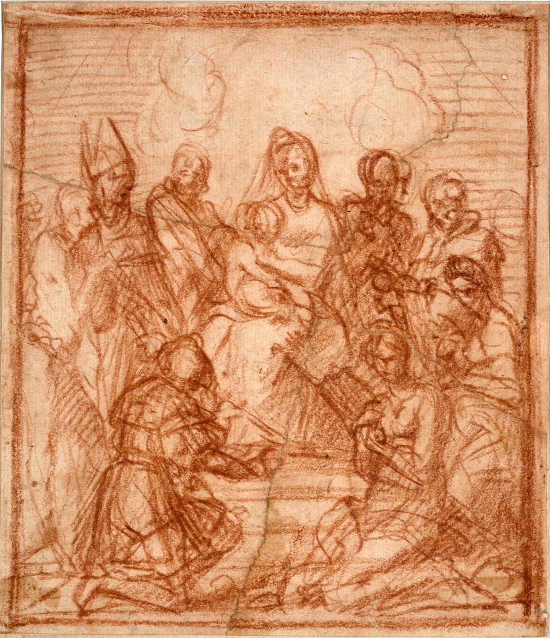 ""Madona a dítě na trůnu s osmi svatými"" (Trůnící Madona s dítětem a osmi svatými (studie kompozice)) Kresba sangvinik Andrea del Sarto (1486-1531) 1528 Sangvinik na papíře Rozměr 15,6x13,5 cm Staatliche Museen, Berlín od Andrea del Sarto