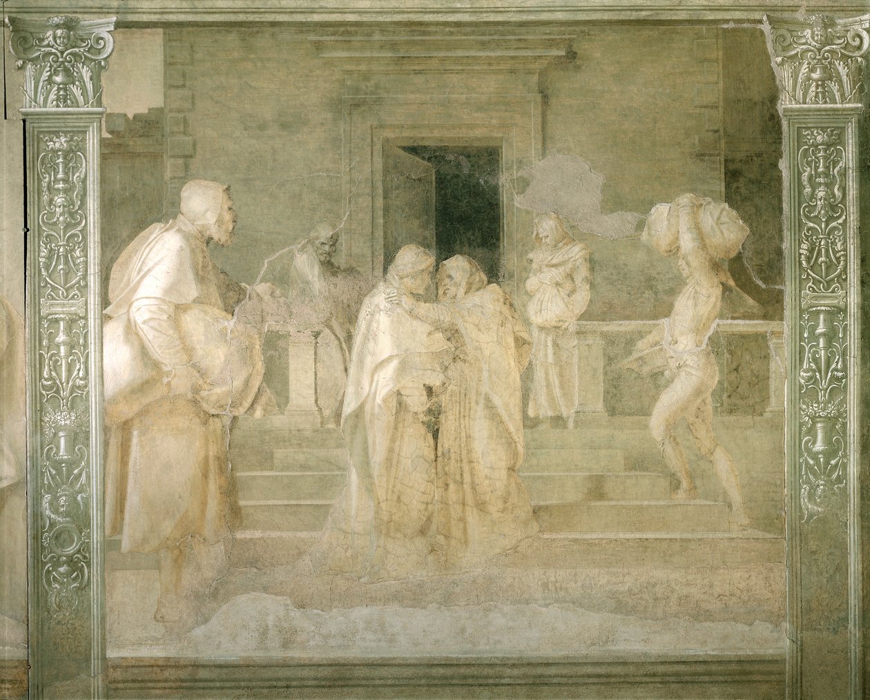 Návštěva Panny u Alžběty, detail z Příběhů Panny od Andrea del Sarto (1486-1530), monochromní freska, klášter Scalzo, Florencie od Andrea del Sarto