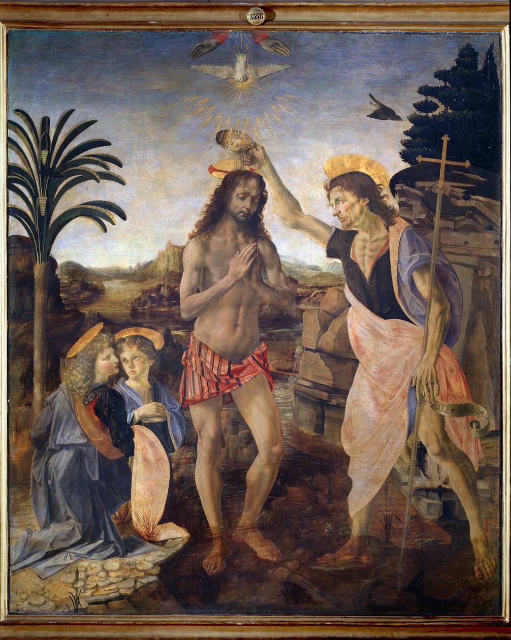 Křest Krista - olej a tempera na panelu od Andrea del Verrocchio