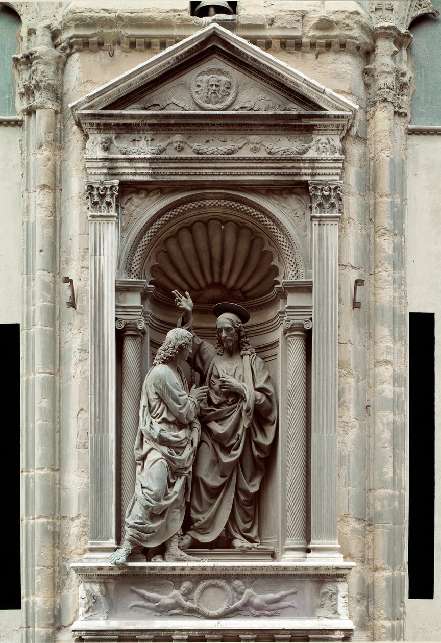 Bronzová socha incredulita svatého Tomáše od Andrea di Francesco di Cione dit il Verrocchio (1435-1488) Florencie, Chiesa di Orsanmichele od Andrea del Verrocchio