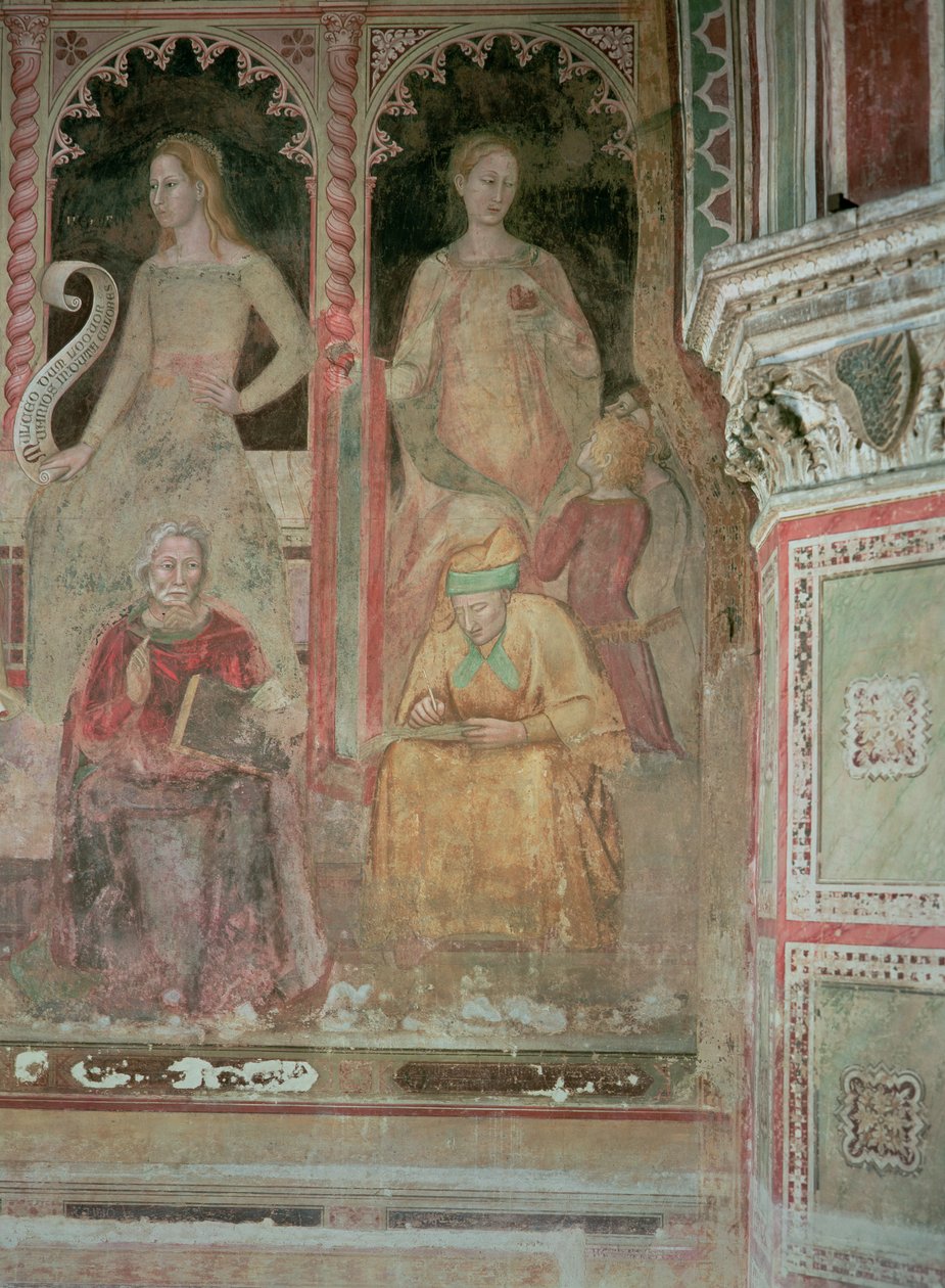 Církev bojovná a vítězná, ve španělské kapli, detail rétoriky, Cicero, gramatika a Aelius Donatus od Andrea di Bonaiuto (fl.1343 77)