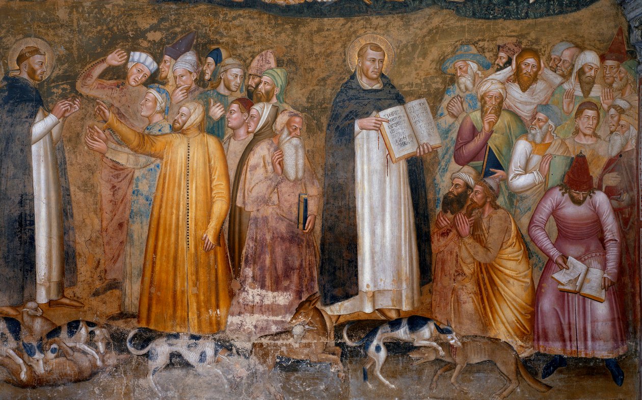 Triumf militantní církve: Tomáš Akvinský před heretiky a vpravo dole, Fra Dolcino roztrhal oficiální doktrínu církve. Kaple Spagniardů (Detail fresky, 1365) od Andrea di Bonaiuto (fl.1343 77)