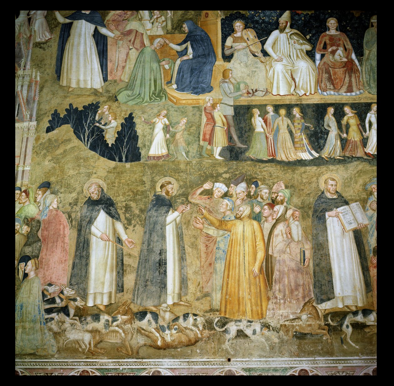 Svatý Dominik vysílající psy Páně se svatým Petrem mučedníkem a svatým Tomášem Akvinským, kolem roku 1369 od Andrea di Bonaiuto