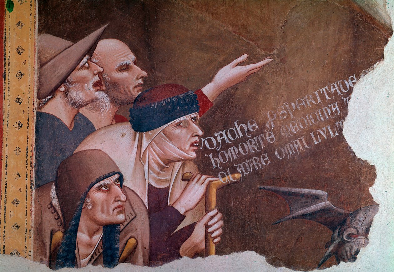 Detail scény z Apokalypsy zobrazující skupinu invalidů, nemocných eclopes a žebráků. Triumf smrti (Fresco od Andrea di Cione Orcagna