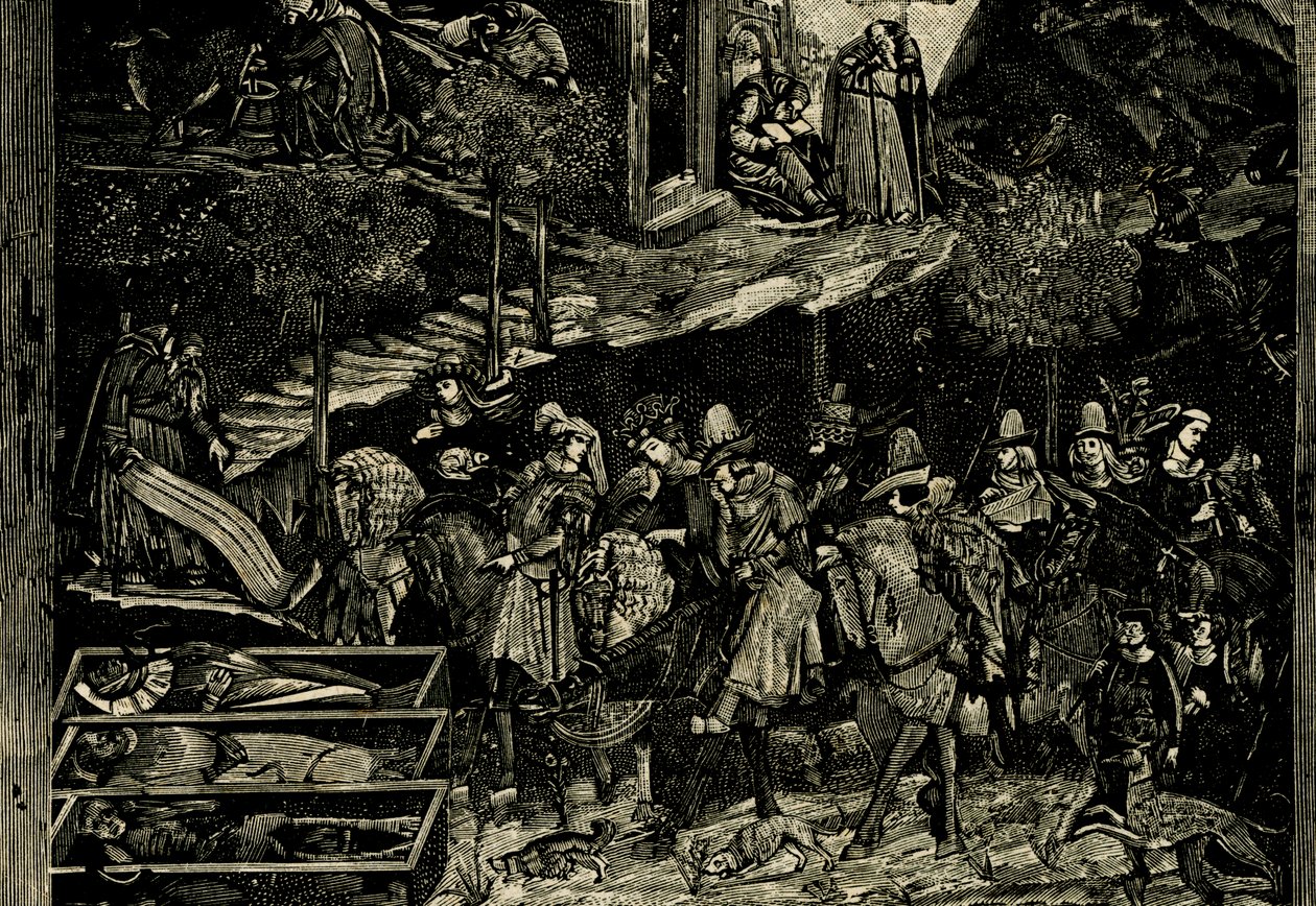 Jízda na koni, detail z Triumph of Death, freska Andrea Orcagna (kolem 1315-1368), Pisa, Toskánsko, Itálie, dřevoryt z Le cento citta d