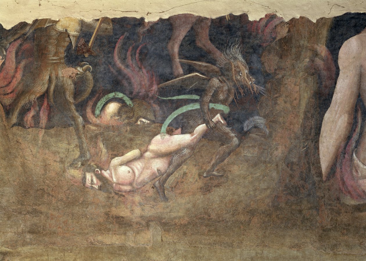 Triumf smrti, detail ďábla odnášejícího hříšníka do pekla, freska z roku 1348 od Andrea di Cione Orcagna