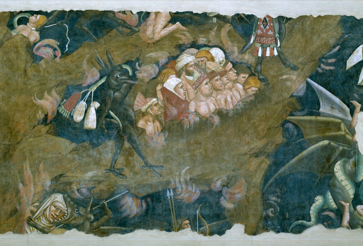 Triumf smrti, detail zatracených v jámě pekla, freska z roku 1348 od Andrea di Cione Orcagna