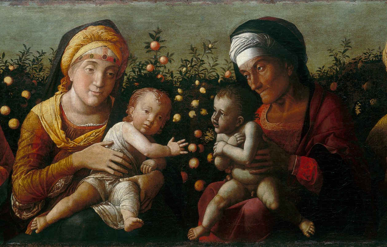 Svatá rodina se svatými Alžbětou, Janem a Zachariášem, detail od Andrea school of Mantegna