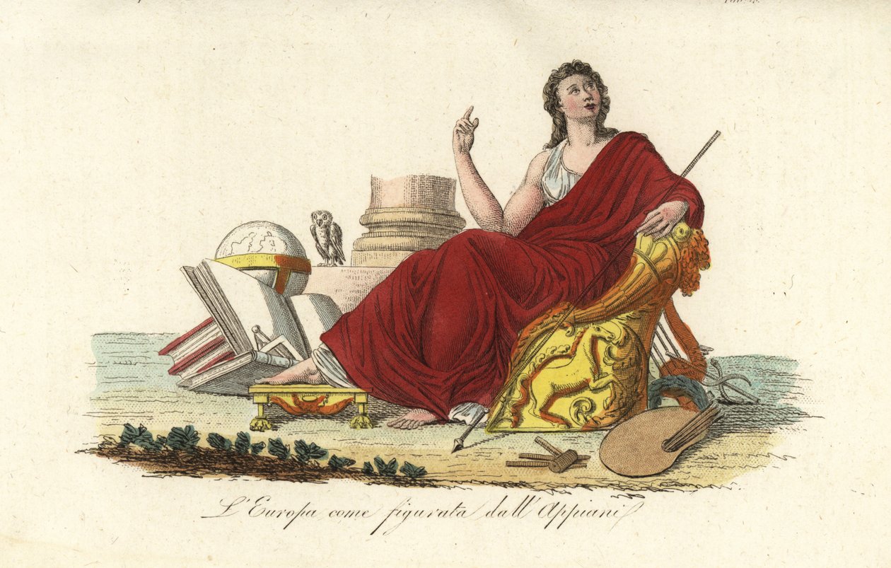 Alegorická postava Evropy sedící na trůnu ve fialovém rouchu s knihami, zeměkoule, paleta, žezlo, lyra a sova od Andrea the Elder (after) Appiani