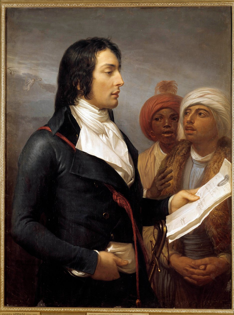 Kampaň (expedice) do Egypta (1798-1801): „“ Portrét generála Charlese Antoina Desaix de Veygoux (1768-1800), který čte program generála Bonaparta dvěma Egypťanům během expedice do Egypta IX republiky“““ Obraz od Andrea Appianiho od Andrea the Elder Appiani